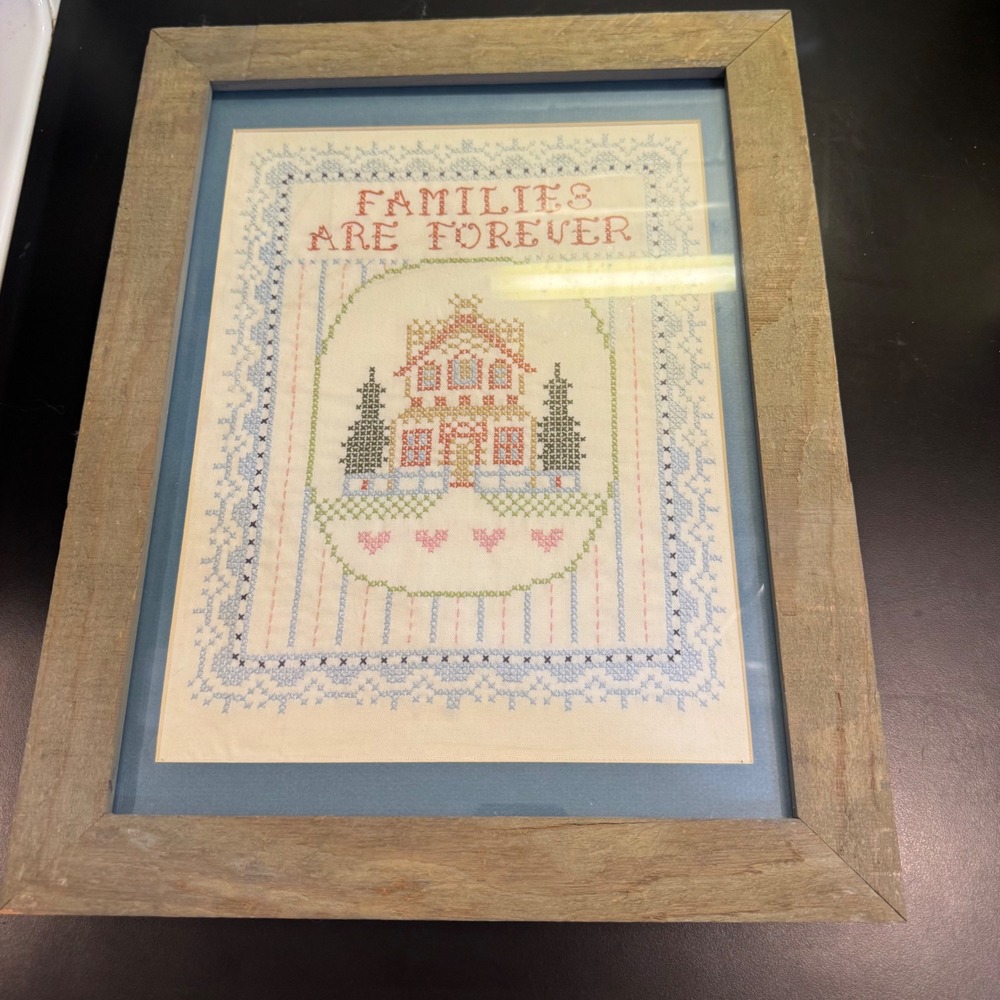 Handmade Framed Cross Stitch Sampler Families Are Forever 13x17 Blue Rustic Wood